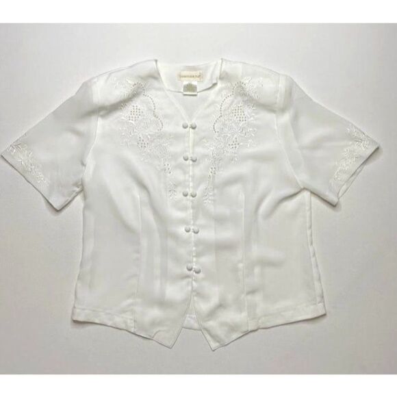 VTG CHRISTIE & JILL White Embroidered Pearls Button Down Victorian 10P 10 Petite - Picture 5 of 8